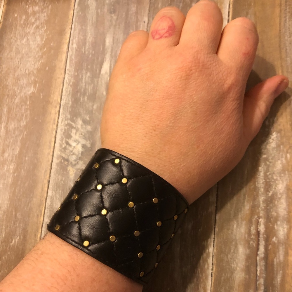 Faux Quilted Black Leather Cuff Bracelet